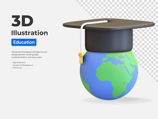Estudioso de diploma mundial com chapéu de formatura na ilustração 3d do ícone da terra renderização