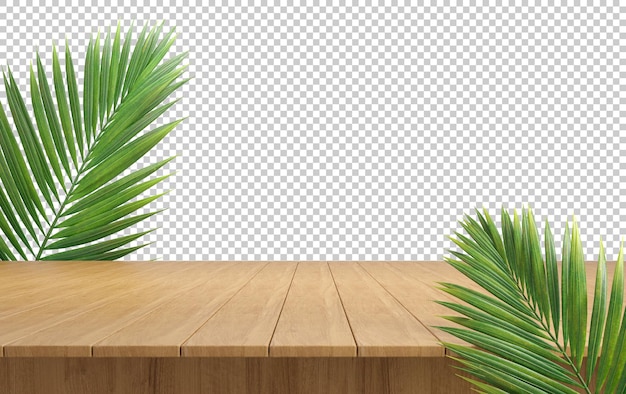 PSD Étagère supérieure en planche de bois avec feuilles de palmier vert feuillage fond transparent rendu 3d