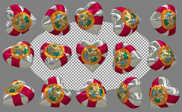 État de Floride 3D drapeau du cœur isolé différentes positions rendu 3D