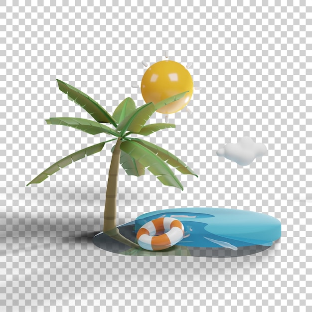 Été icône concept eau sable palmier soleil et podium isolé rendu 3d