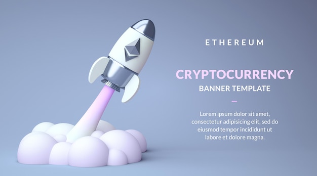 PSD ethereum eth-bannervorlage mit kopierraum, bullische kryptowährung in einer rakete in 3d-rendering