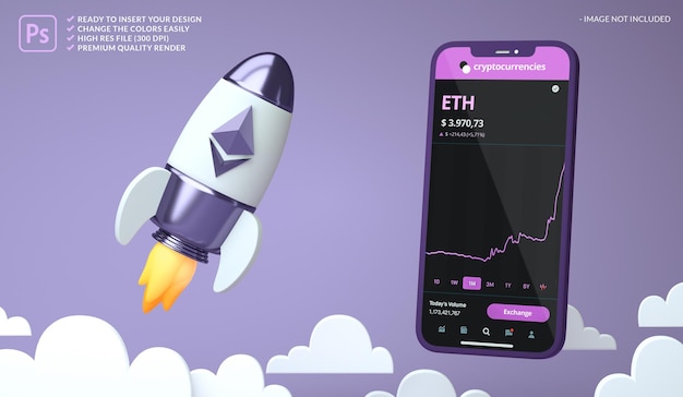 Ethereum ETH crypto-monnaie haussière dans une maquette d'écran de fusée et de téléphone en rendu 3D