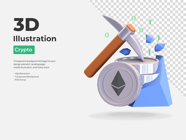 PSD ethereum minería digital icono cryptocurrency símbolo 3d render ilustración