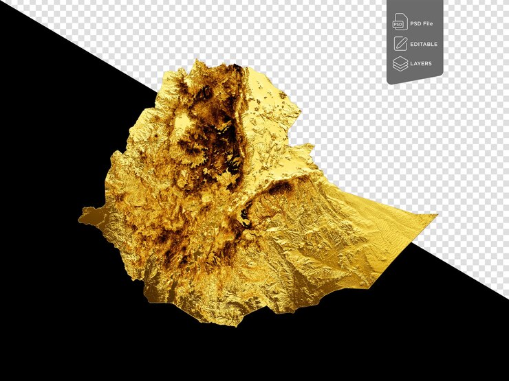 PSD ethiopia map golden metal color height map on black background 3d illustration