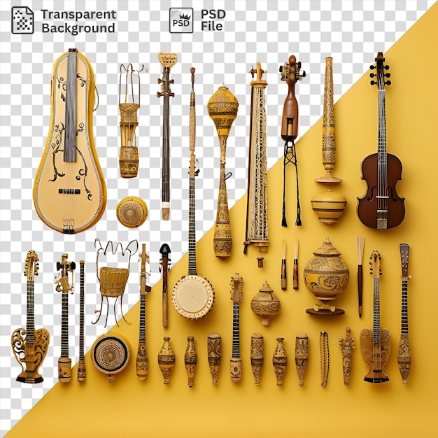 Des Ethnomusicologues Photographiques Réalistes Des Instruments Traditionnels Exposés Contre Un Mur Jaune Avec Une Guitare Brune Une Horloge Ronde Et Une Guitare Marron