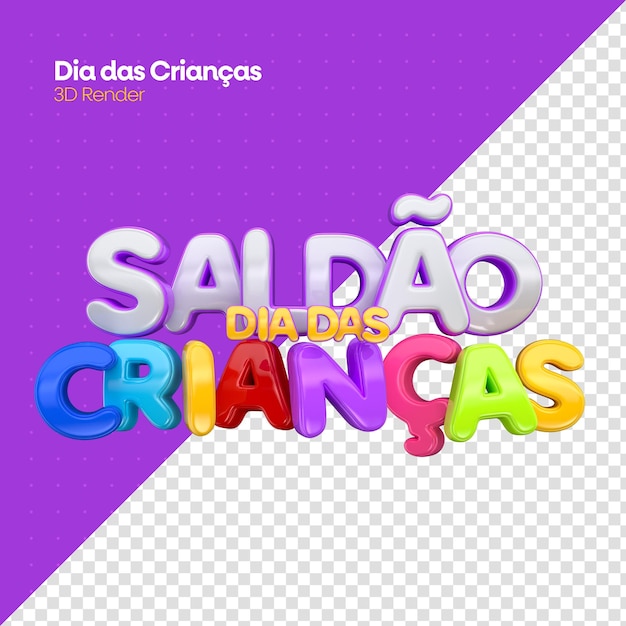 Etichetta di vendita per la festa dei bambini in rendering 3d per la campagna di marketing in Brasile in portoghese