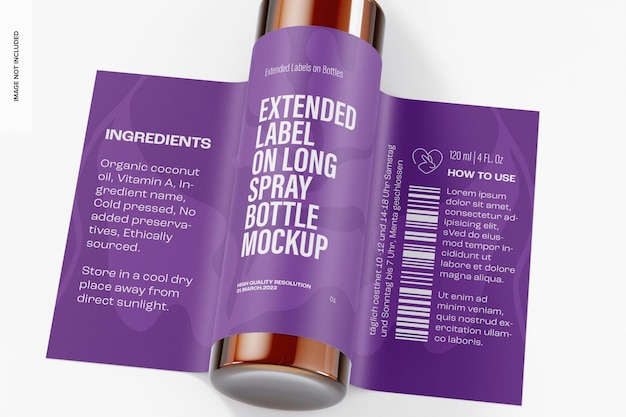Etichetta estesa su mockup di flacone spray lungo, primo piano