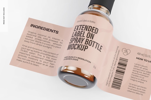 Etichetta estesa sul mockup del flacone spray, primo piano