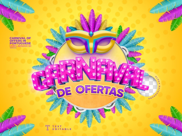 Etichetta il carnevale delle offerte in brasile nel rendering 3d con maschera e luci in portoghese
