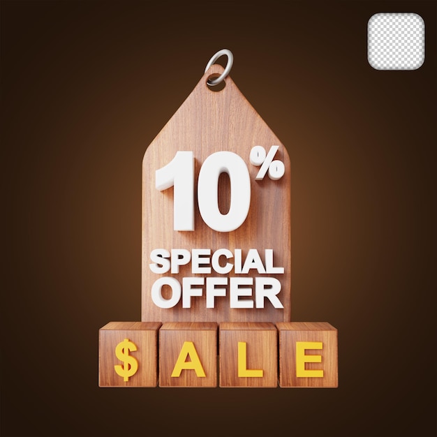 Etichetta in legno con sconto del 10% illustrazione 3d