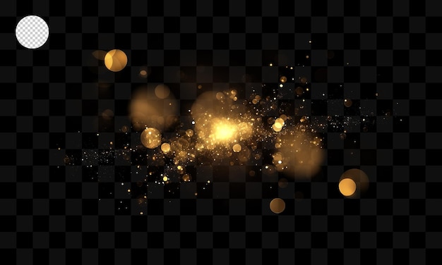 Les étincelles et les paillettes de poussière d'or brillent sur un fond transparent.