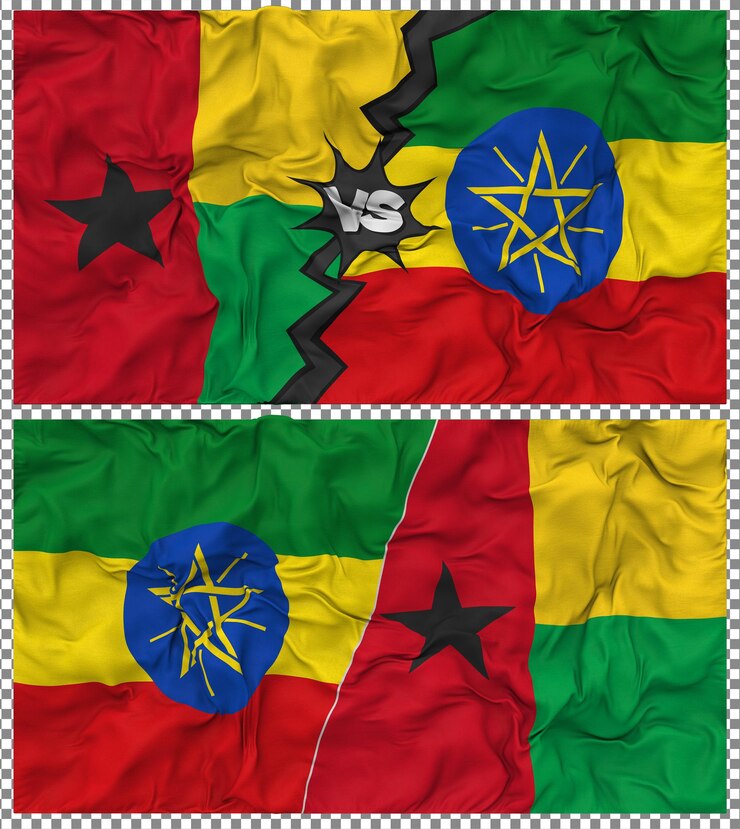 PSD etiópia contra guiné-bissau meia bandeira combinada textura de tecido de bump renderização 3d