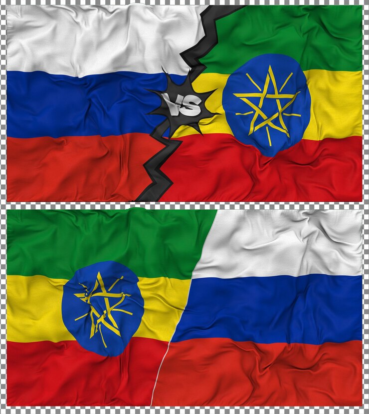 PSD etiopía contra rusia media bandera combinada con textura 3d de la tela