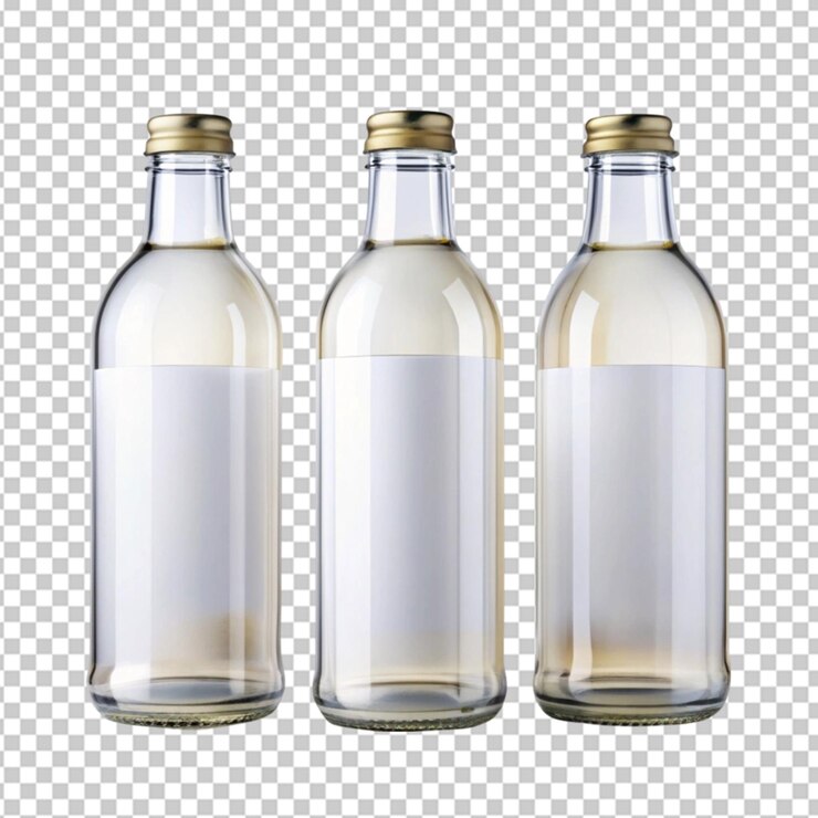 PSD etiqueta blanca en botellas de vidrio sobre un fondo transparente