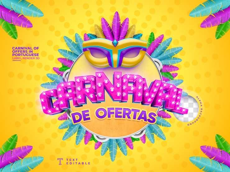 PSD etiqueta carnaval de ofertas no brasil em 3d render com máscara e luzes em português