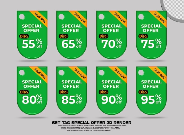 Etiqueta de conjunto 3d oferta especial venta descuento promoción variación de color verde