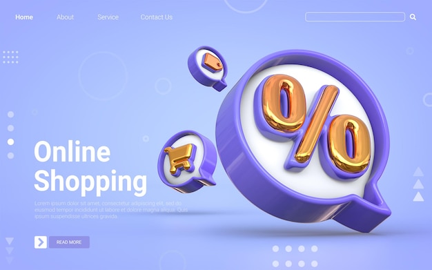 Etiqueta de porcentagem de cupom de carrinho de compras on-line em fundo azul conceito de renderização em 3D para banner de desconto
