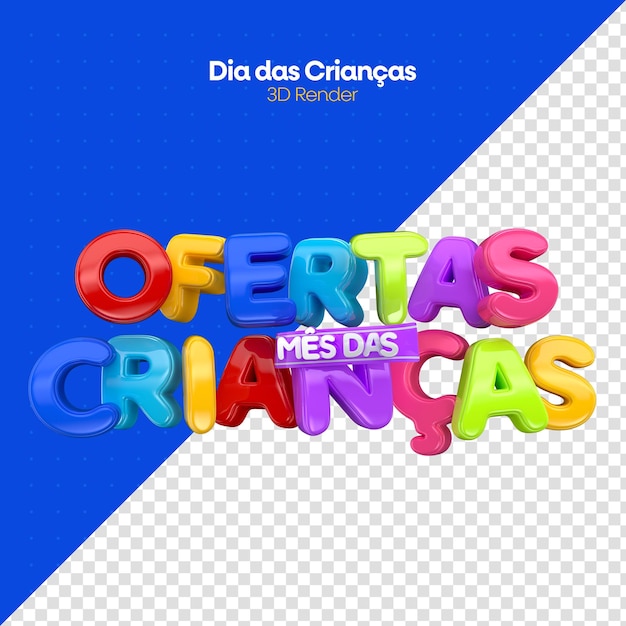 Etiqueta de venda do dia das crianças em renderização 3d para campanha de marketing no Brasil em português
