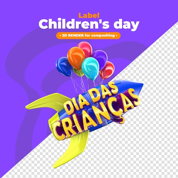 PSD etiqueta día del niño 3d render para composición