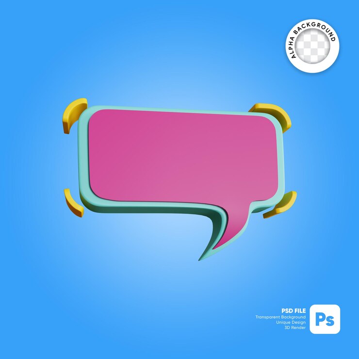 PSD etiqueta engomada de burbuja cómica de chat azul y rosa render 3d