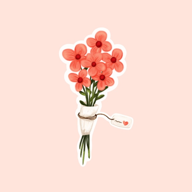 Etiqueta engomada linda floral de la ilustración del día de San Valentín del dibujo de la mano con textura del lápiz