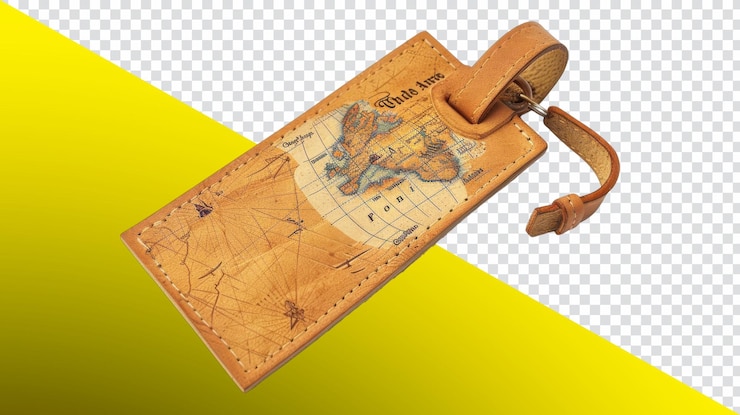 PSD etiqueta de equipaje de cuero vintage con diseño intrincado de mapa del mundo de fondo transparente
