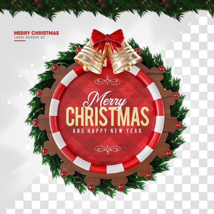 PSD etiqueta feliz navidad en formato realista de corona de navidad sobre fondo transparente