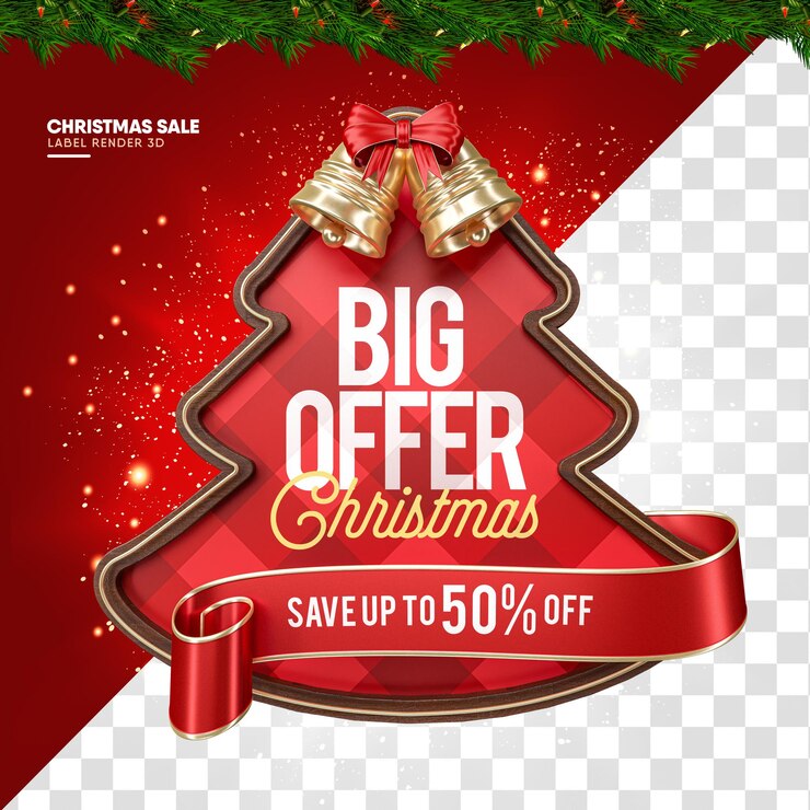 PSD etiqueta gran oferta navidad en 3d render en formato de árbol de navidad sobre fondo transparente