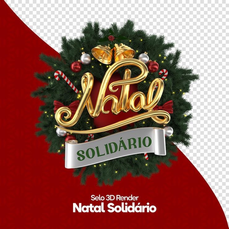 PSD etiqueta de navidad 3d con fondo de madera y árbol de bolas portugués brasileño