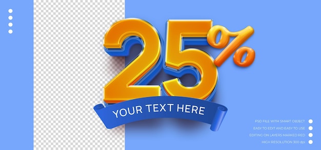 Etiqueta de oferta del 25 por ciento con texto editable con efecto de texto de estilo 3d