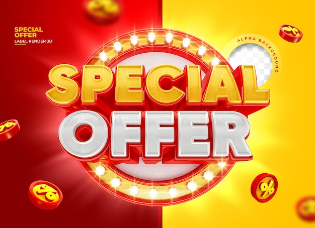 Etiqueta Oferta especial en render 3d con diseño de plantilla de fondo amarillo y rojo
