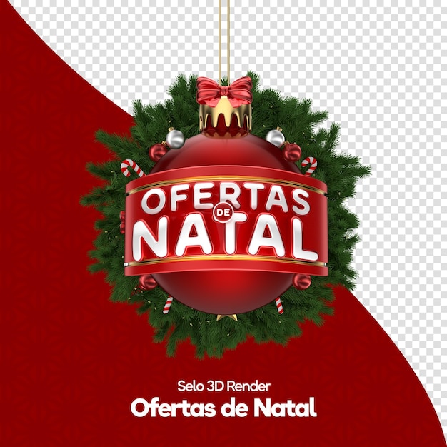 PSD etiqueta oferta navideña en portugués 3d render para campaña de marketing en diseño de plantilla de brasil