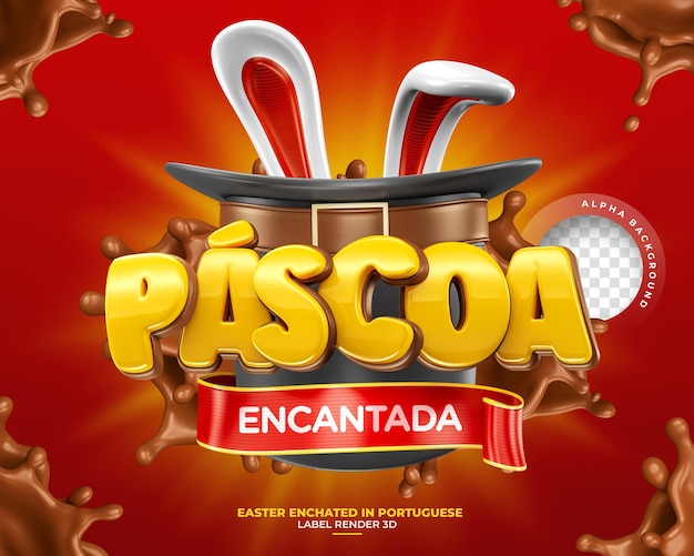 PSD etiqueta ofertas encantadas de pascua en portugués brasileño 3d render con toque de chocolate