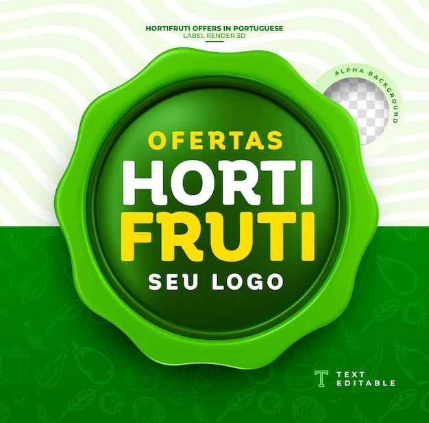 Etiqueta ofertas de frutas y verduras en portugués brasileño en renderización 3D