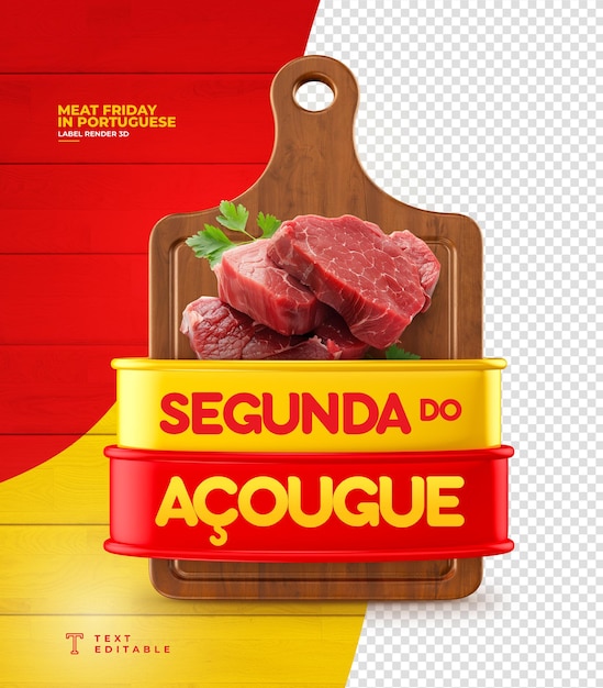 Etiqueta para tienda de carne con título Carniceros lunes en 3D en portugués brasileño en transparente