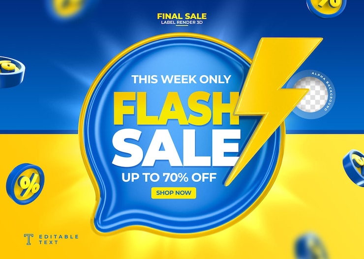 PSD etiqueta de venta flash de hasta 70 de descuento en render 3d con megáfono y mano en diseño de plantilla de dibujos animados