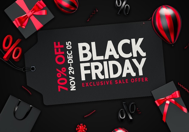 Etiqueta de venta del Viernes Negro con regalos y globos 3D realistas