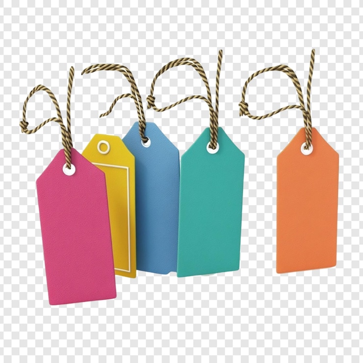 PSD etiquetas de presente coloridas com fio pendurado isolado em fundo transparente perfeitas para projetos de design de marca e materiais de marketing