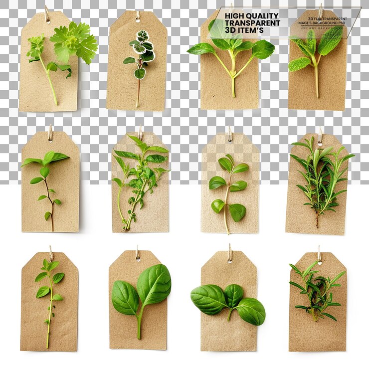 PSD etiquetas de plantas etiquetas utilizadas para identificar las plantas sobre un fondo transparente