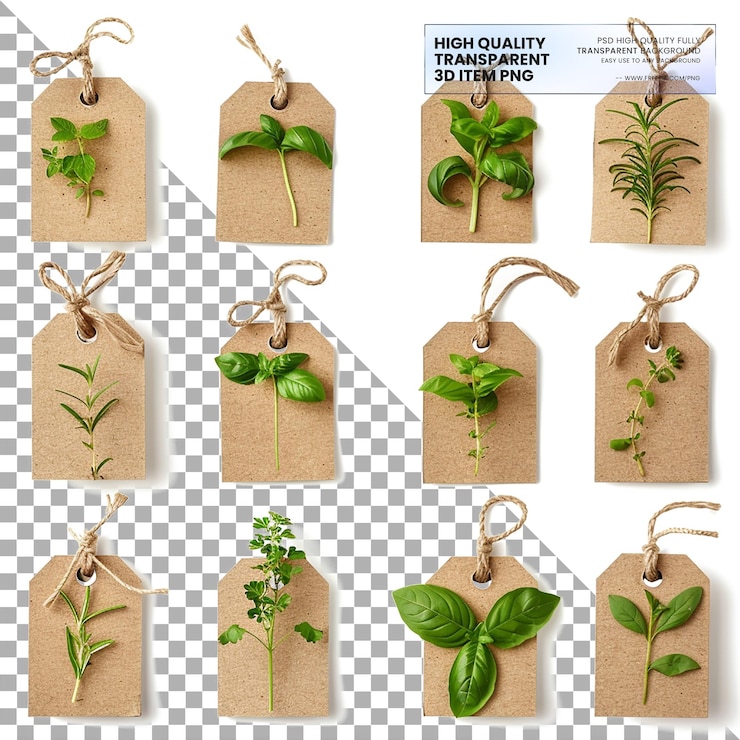 PSD etiquetas utilizadas para identificar las plantas en jardines sobre un fondo transparente