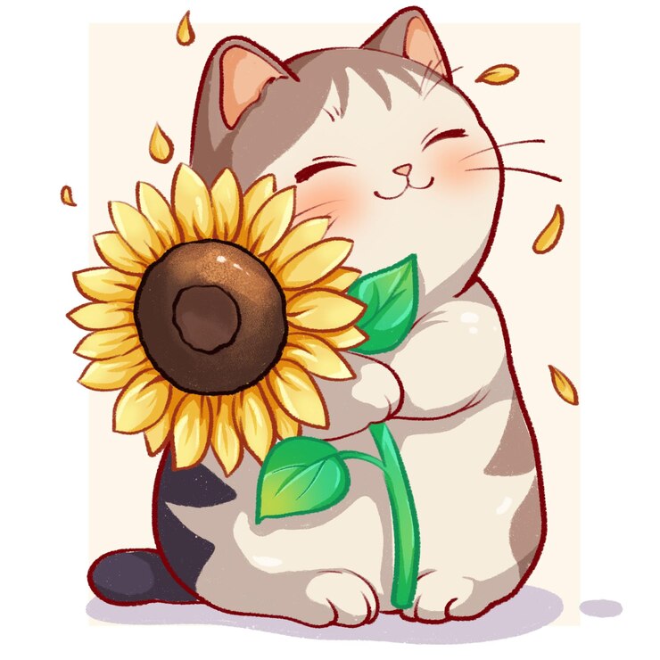 PSD étiquette de chat de tournesol peinte à la main pour la journée internationale du chat
