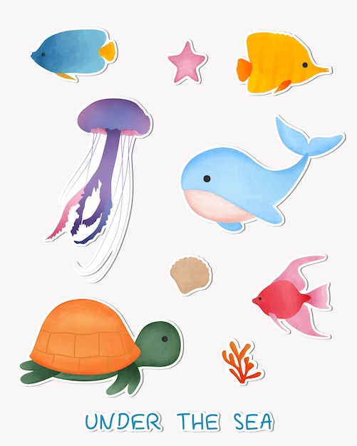 Étiquette dessinée à la main d'animaux marins sous-marins