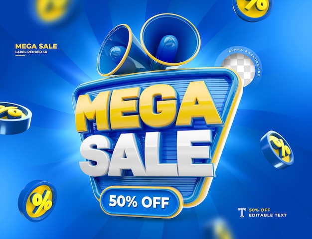 PSD Étiquette mega sale 50 off 3d render icon pour cent