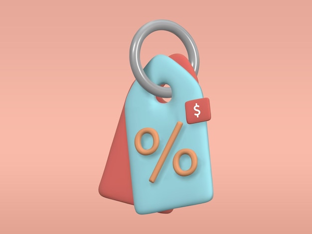 L'étiquette de prix sur l'anneau avec un signe de pourcentage et une illustration 3d de remise en dollars