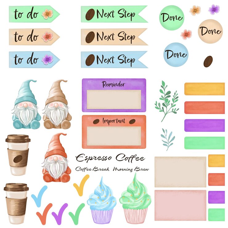PSD étiquettes de planification sur le thème du café et des gnomes
