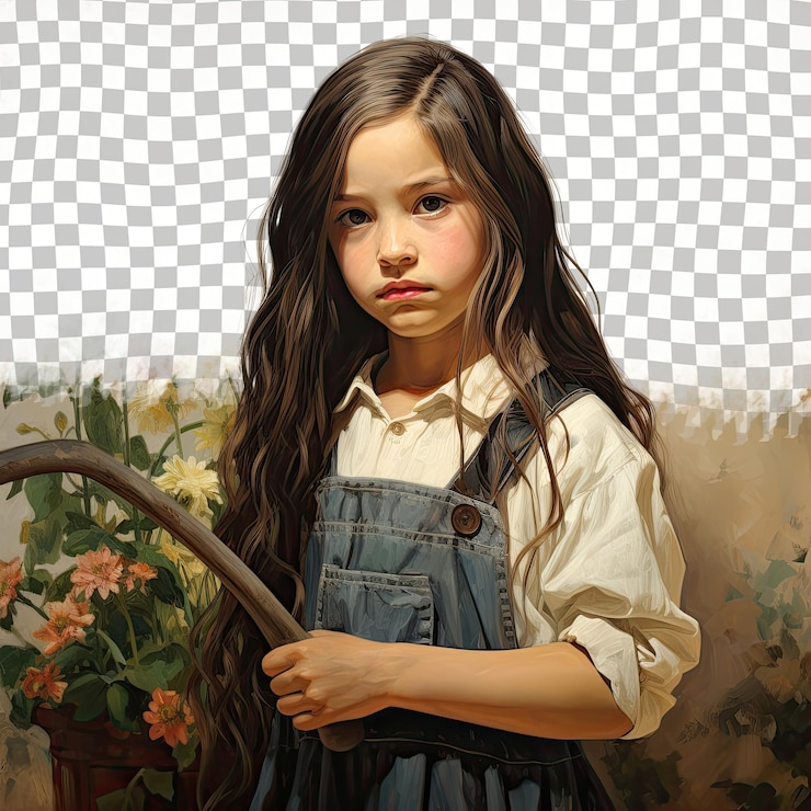 PSD etnia urálica niña triste en traje de jardinería posando con un hombro hacia adelante en pastel beige