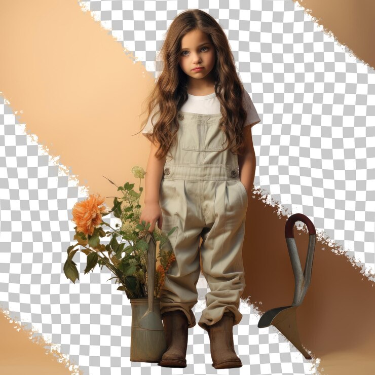 PSD etnicidad urálica niño triste jardinero en una postura de hombro con fondo pastel beige