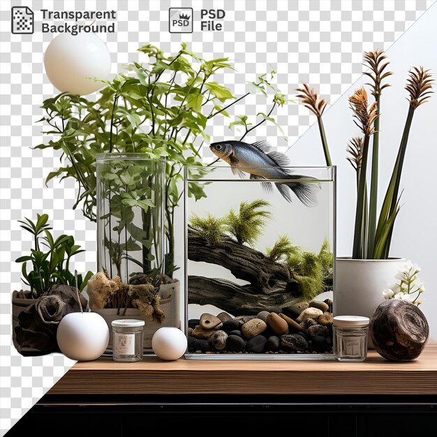 PSD Étonnant ensemble de mise en place d'aquarium à la maison mettant en vedette un vase blanc plante verte et poisson noir sur une table en bois contre un mur blanc