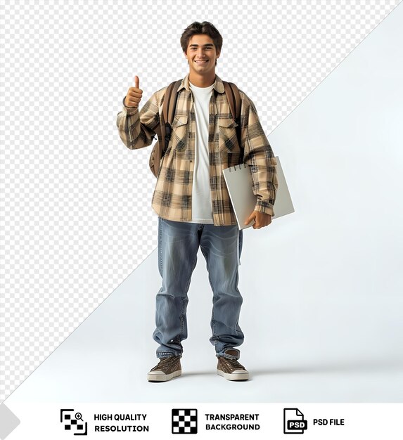 étonnant étudiant homme vêtements décontractés tenant notebook regardant la caméra heureux et positif souriant montrant le pouce en l'air debout sur un fond isolé