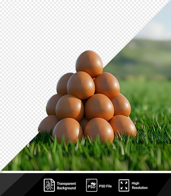 Une étonnante Pile D'œufs De Poule Se Trouve Sur Un Champ Vert Sous Un Ciel Bleu Avec Des Nuages Blancs